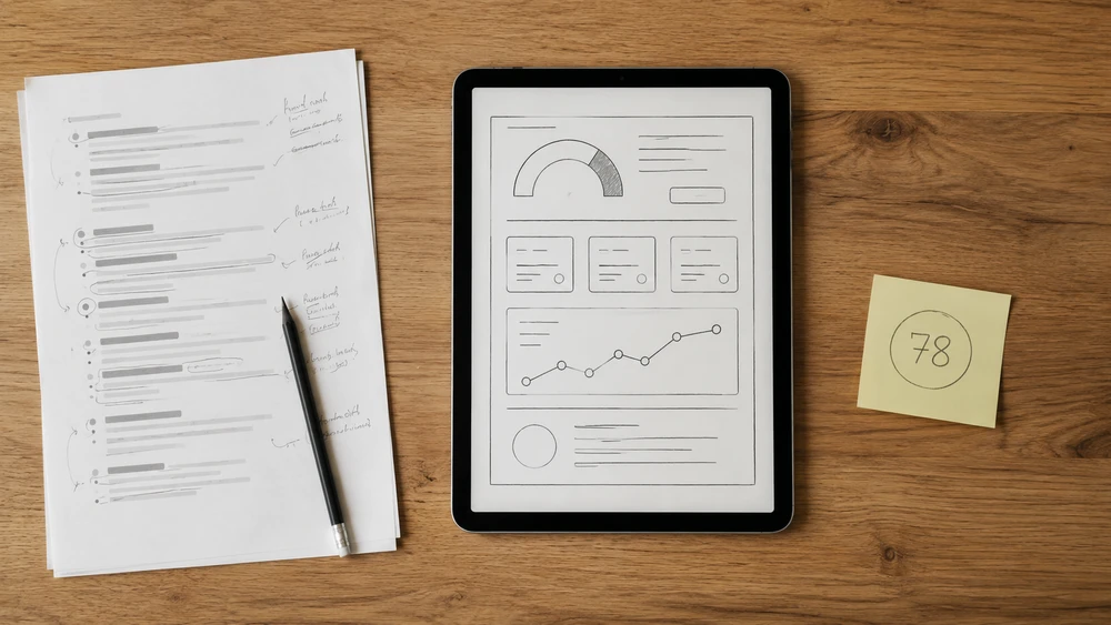 Draufsicht auf einen Schreibtisch mit Interview-Transkript, Wireframe-Tablet und SUS-Notiz – symbolisiert den Usability Engineering Prozess