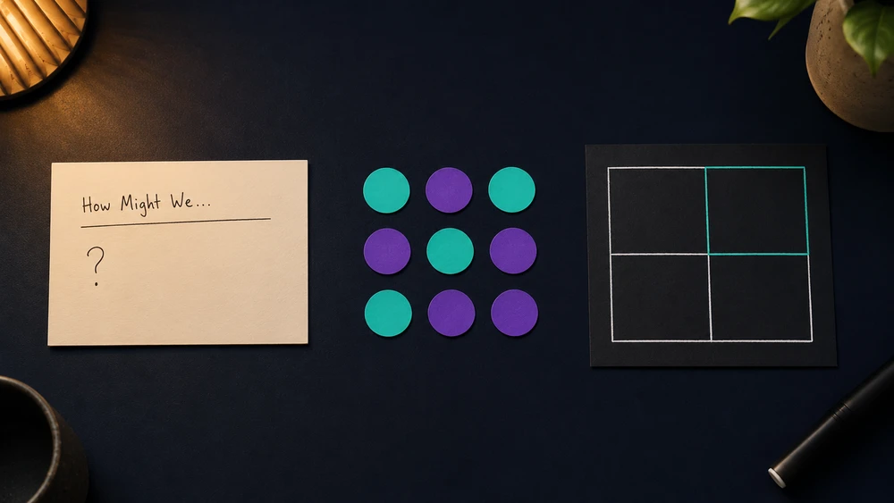 Flat-Lay mit How-Might-We-Karte, Dot-Voting-Punkten und Impact-Effort-Matrix – die drei Kernwerkzeuge der Design Thinking Methods