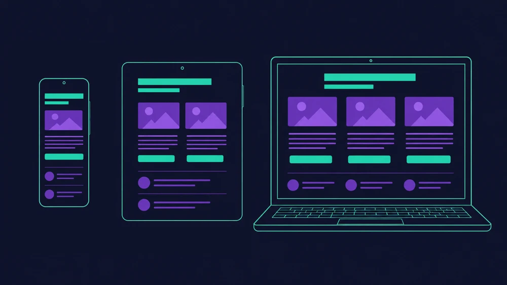 Responsives Webdesign auf Smartphone, Tablet und Laptop mit adaptiertem Layout — Illustration der Webdesign Fundamentals Weiterbildung der UIX Academy